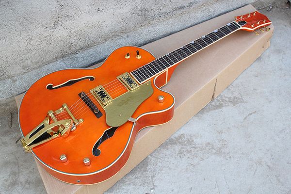 factory custom rosewood fingerboard semi-hollow orange body electric guitar with golden hardware,tremolo bridge,can be customized